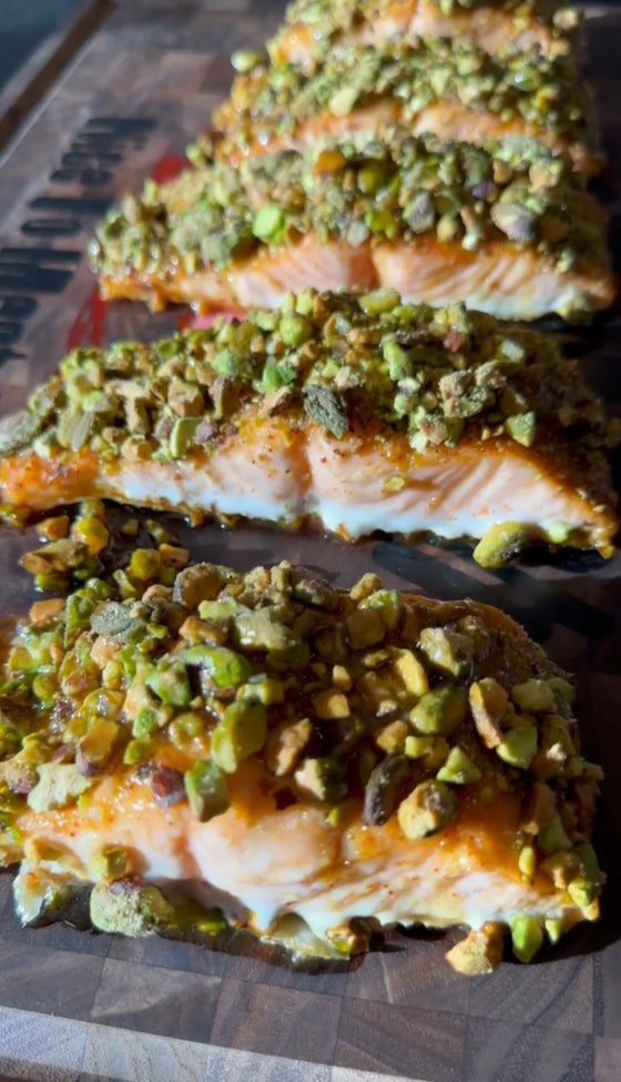 Thumbnail for article: Meat Mitch Wildman Salmon recipe - Salmon filets with Meat Mitch Whomp Rub, Mustard and pistachios.