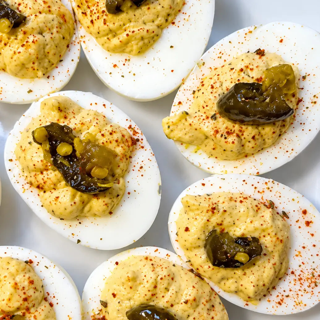 Smoked Deviled Eggs with Stay Hot & White Sauce