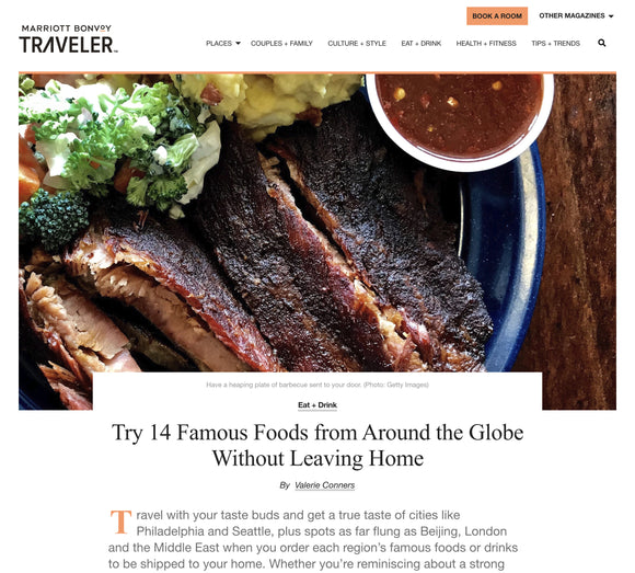 Thumbnail for article: Meat Mitch tops the "14 Famous Foods from Around the Globe..." in Marriott Bonvoy Traveler magazine.