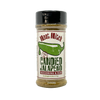 A clear plastic spice shaker with a black lid and a beige label wrapped around its middle. The label features a green jalapeno pepper illustration and the text "Meat Mitch" in a stylized font at the top. Below the jalapeno image, it reads "SWEET N HEAT" in small letters. The main text on the label is "CANDIED JALAPENO", followed by "SEASONING & RUB" in smaller letters. The net weight of the seasoning is listed as 6.25oz (177g). The shaker is filled with a light brown seasoning blend.