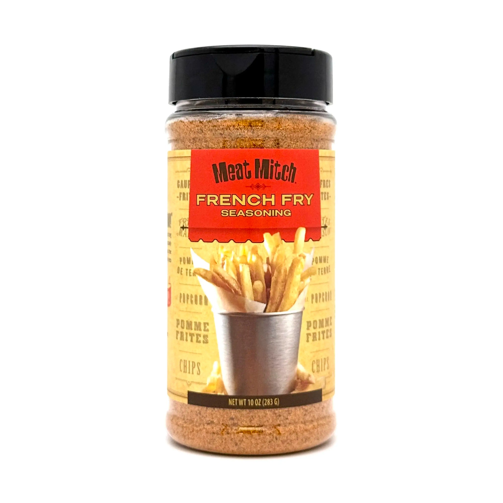 A clear plastic spice shaker filled with a golden-colored seasoning blend is centered against a solid gray background. The shaker has a black lid and a red label wrapped around its middle. Below the label text is an illustration of a silver cup filled with french fries. The net weight of the seasoning is 10 ounces (283 grams). - View larger image 1 of 1