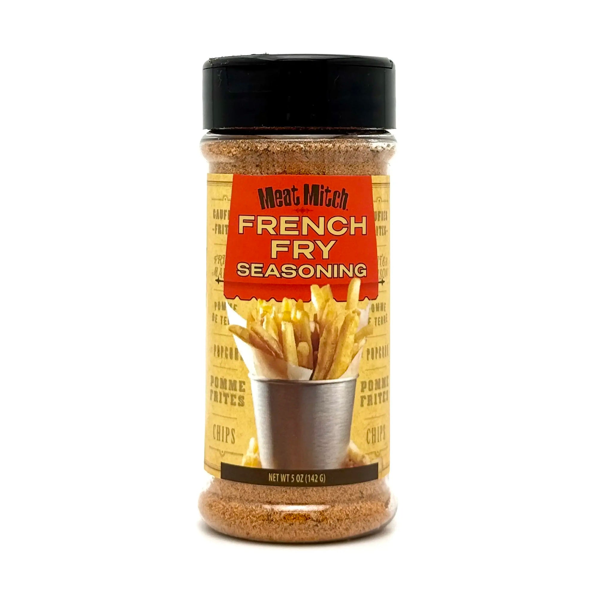 A clear plastic spice shaker filled with a golden-colored seasoning blend is centered against a solid gray background. The shaker has a black lid and a red label wrapped around its middle. Below the label text is an illustration of a silver cup filled with french fries. The net weight of the seasoning is 5 ounces (142 grams). - View larger image 1 of 1