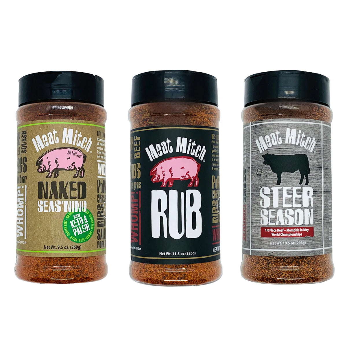 Three bottles of Meat Mitch brand barbecue rub, labeled 'Naked Seasing', 'Competition WHOMP! Rub', and 'Steer Season'. - View larger image 1 of 1